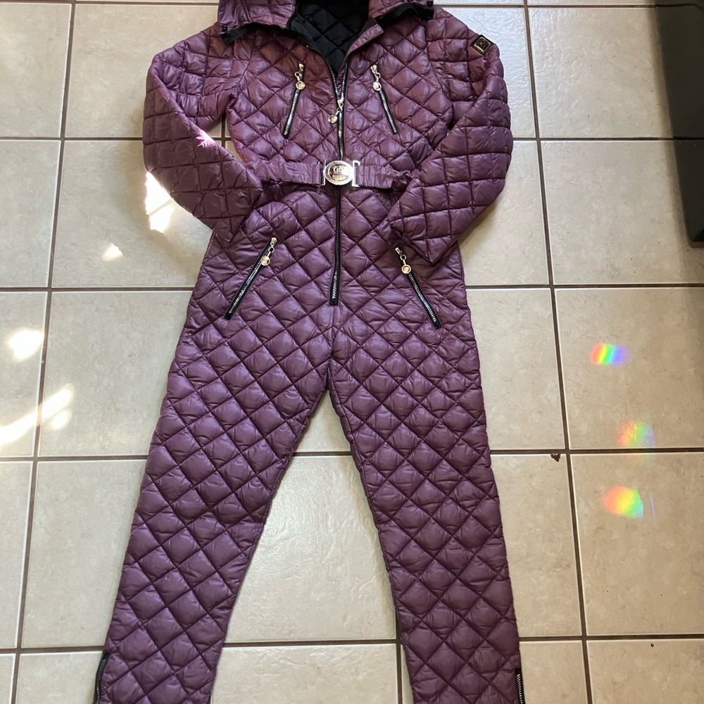Bogner Purple Quilted Ski Suit with Silver Buckle